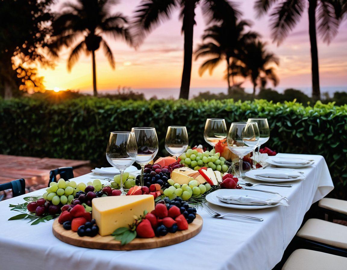 A beautifully set outdoor table at sunset, featuring elegant wine glasses filled with rich red and crisp white wines, surrounded by lush greenery and blooming flowers. A gentle breeze ruffles the tablecloth, as soft fairy lights twinkle overhead. In the background, the silhouette of the Ashmore Palms Resort can be seen, exuding a warm and inviting atmosphere. Artfully arranged cheese and fruit platters add to the gourmet experience. warm lighting, super-realistic, vibrant colors.