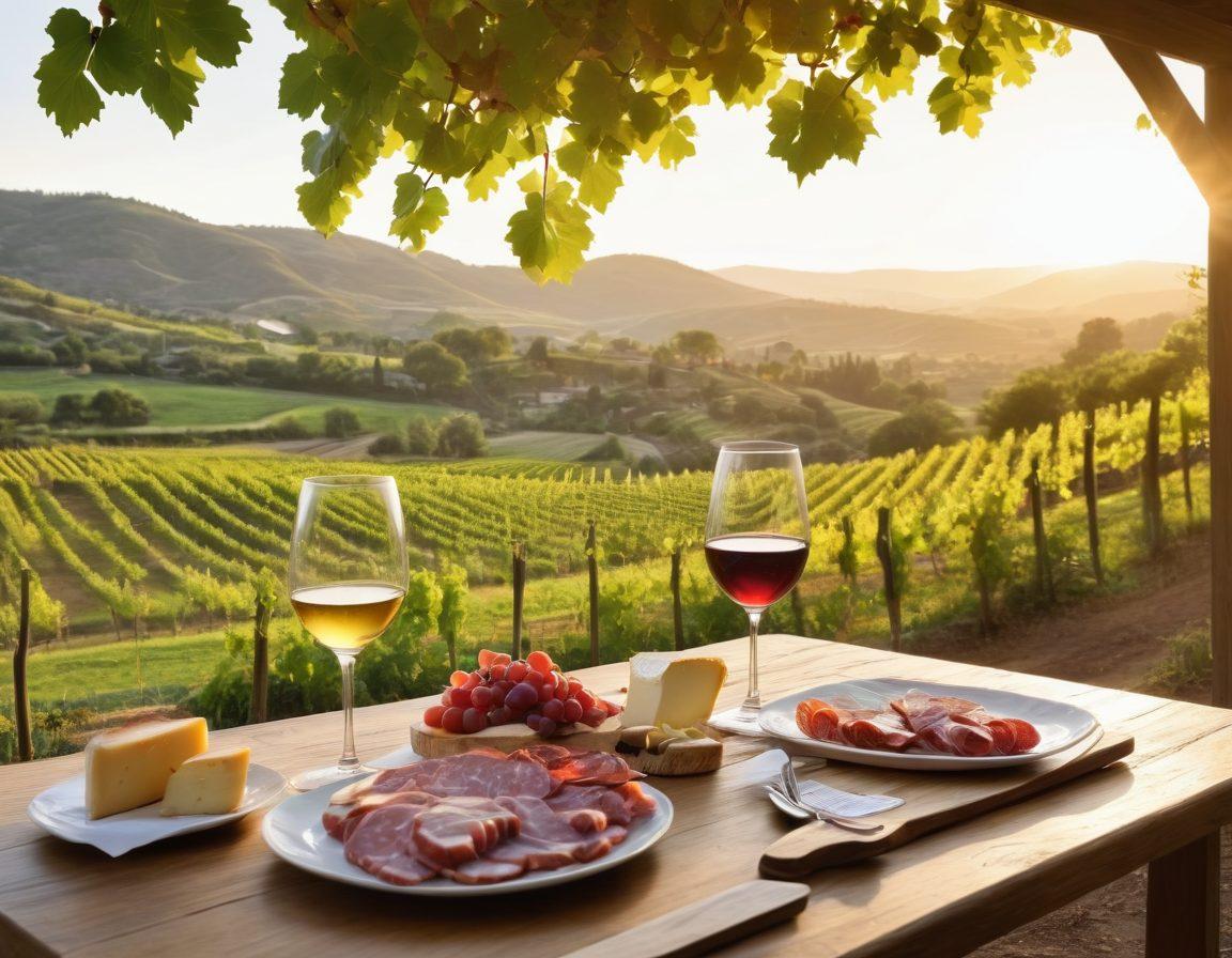 A picturesque vineyard at sunset, with rows of lush grapevines and a cozy outdoor tasting area featuring rustic wooden tables and glasses of red and white wine. In the background, a couple toasting with wine glasses, surrounded by rolling hills and a picturesque farm. Small plates of gourmet cheese and charcuterie artfully arranged on the tables. Soft golden sunlight enhances the warm, inviting atmosphere. super-realistic. vibrant colors.