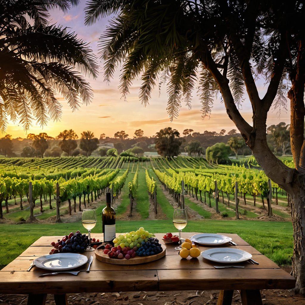 A picturesque vineyard at sunset, with rows of lush grapevines heavy with ripe grapes. A rustic wooden table is elegantly set with wine glasses, a cheese platter, and fresh fruits, inviting a sense of luxury and warmth. In the background, the Ashmore Palms resort can be glimpsed through the foliage, hinting at a perfect getaway. Soft golden light washes over the scene, creating an inviting atmosphere. painting. vibrant colors.